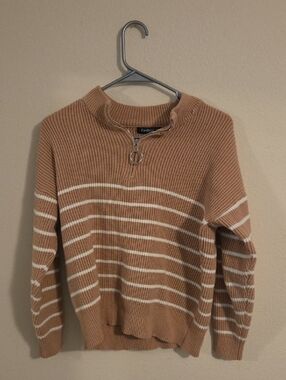 Fashion Tan Stripe Half-Zip Knit Sweater - Tan & White